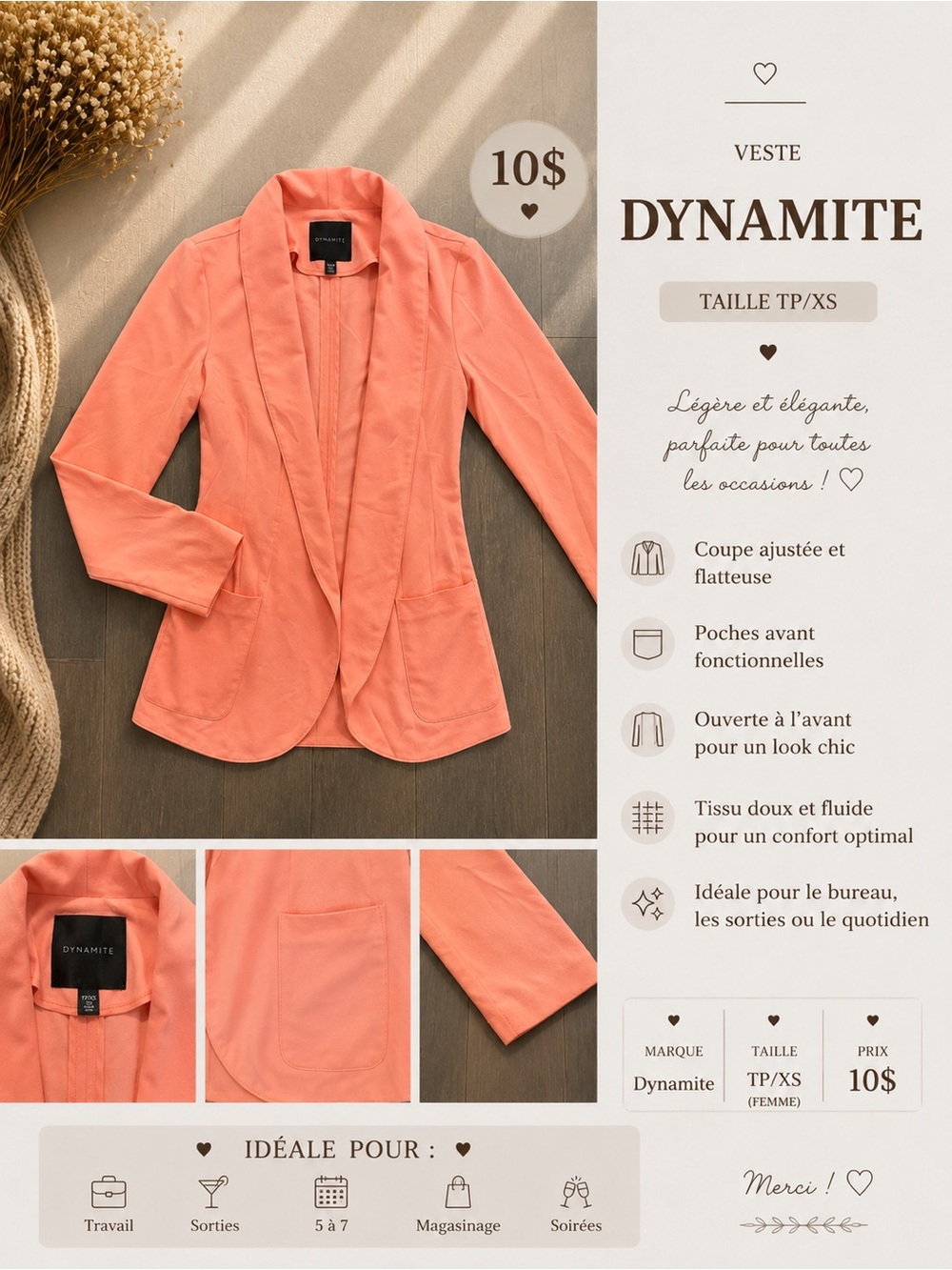 Dynamite Coral Open-Front Blazer